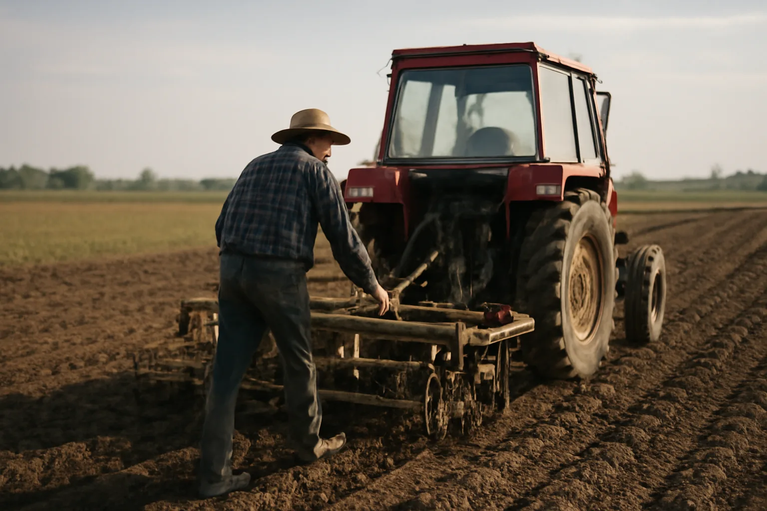 Fermier lucrând la câmp cu utilaje agricole