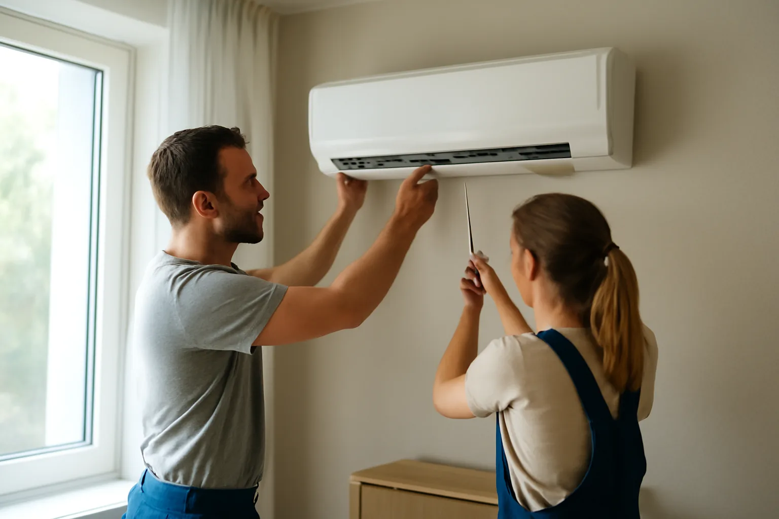 persoane instalând un sistem de climatizare într-o locuință
